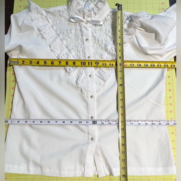 VINTAGE lace ruffle fancy blouse button down Victorian high neck ribbon bow 80s - Picture 12 of 14